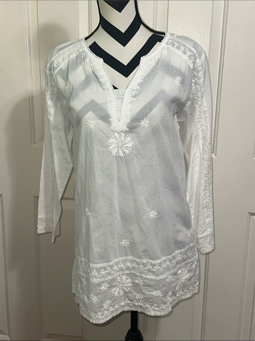 Karma Highway White Embroidered V-Neck Tunic Top